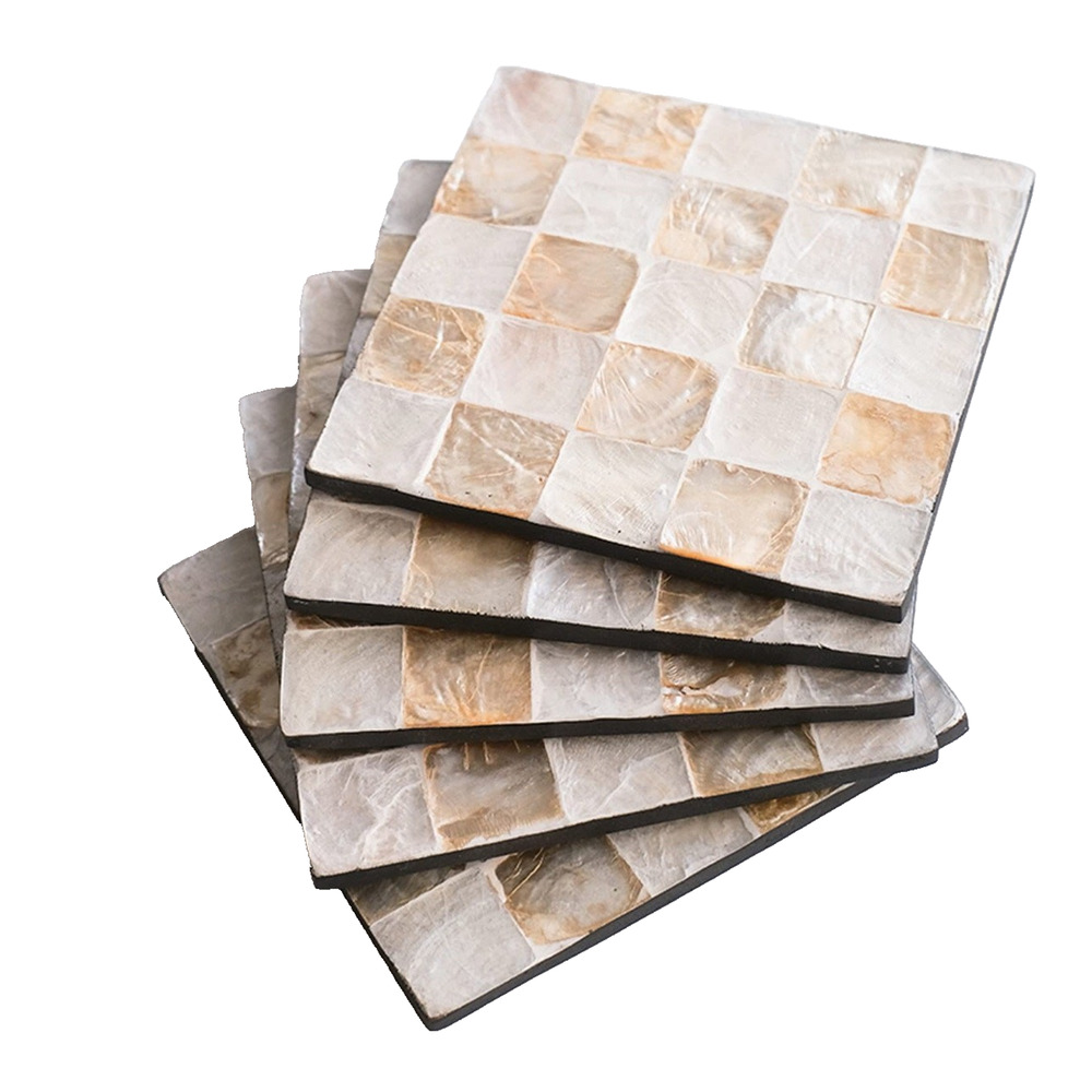 MELA MOTHER OF PEARL COASTERS SET OF 4 SHELL INLAY HOME DECOR NEW